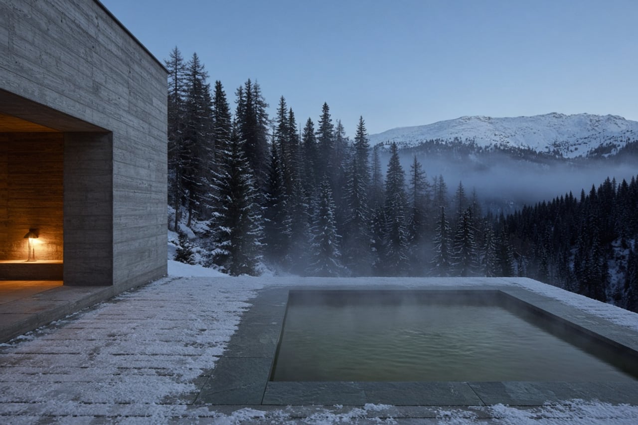 Steam rising from a square stone basin on a snowy concrete terrace at blue hour, a lamp glowing in a doorway and dark forest and a snowy ridge beyond.