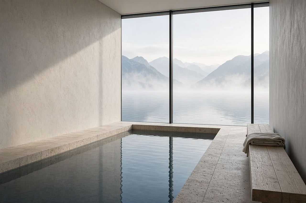 A still indoor pool edged in pale travertine, lime-plastered walls and a linen towel on an oak bench, facing a tall window onto a misty lake and mountains.