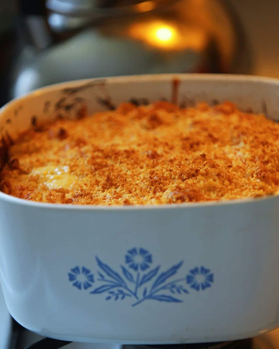 A golden, bubbling casserole in a white baking dish with a blue cornflower pattern, on a stovetop.
